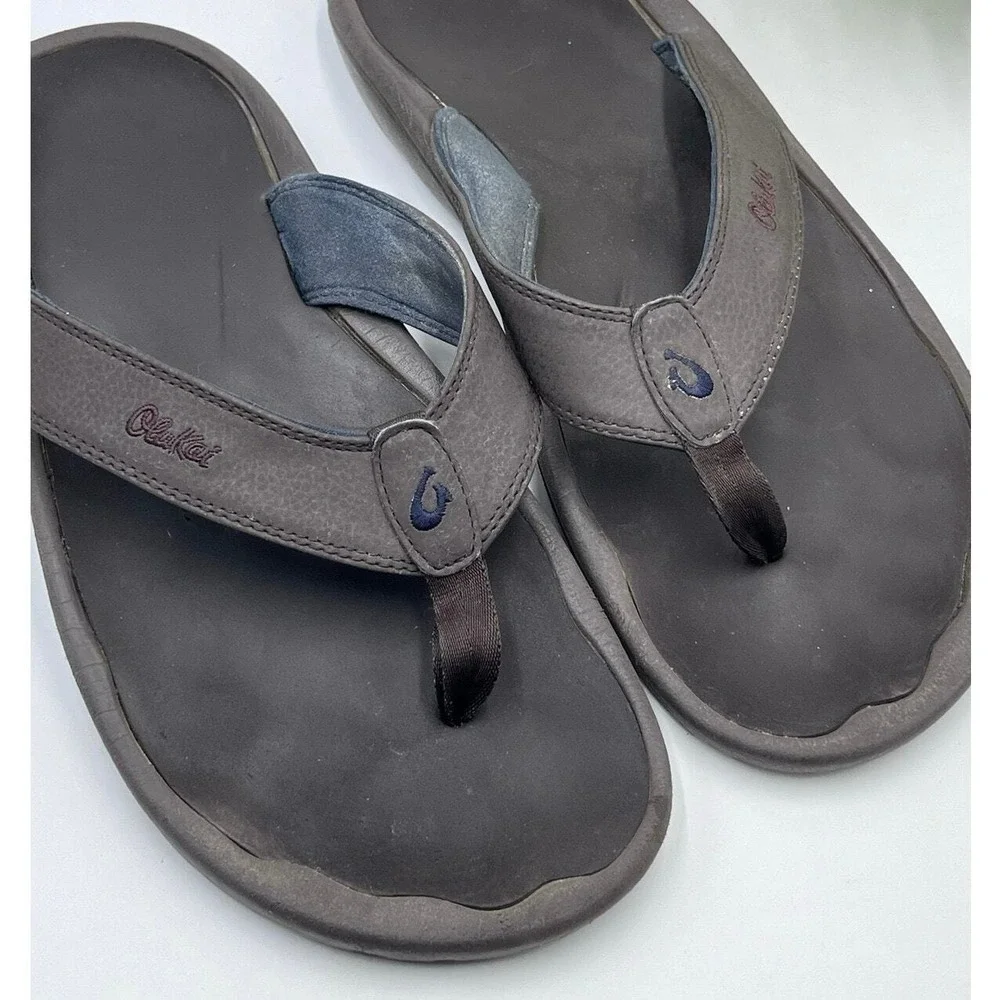 OLUKAI Mens Shoes OHANA Brown Flip Flops Sandals Thongs‎ Size 14 Slip On
